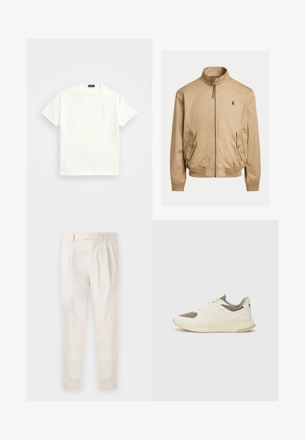 Béžová bomber bunda vyrobená z hladkej tkaniny. Obsahuje stojáčik, dve bočné vrecká, rebrované manžety a malé logo na hrudi.; Biely bavlnený tričko s okrúhlym výstrihom, krátkymi rukávmi a nenápadným vyšívaným logom koňa na ľavej hrudi. Hladká textúra.; Biele plisované nohavice s prispôsobeným strihom, s hladkou textúrou, pútkami na opasok a zúženými nohavicami. Žiadne viditeľné vrecká ani vzory.; Biele a svetlo béžové športové tenisky s hornou časťou z mriežkového materiálu, perforovanými detailmi a textúrovanou medzipodrážkou s logom na päte.