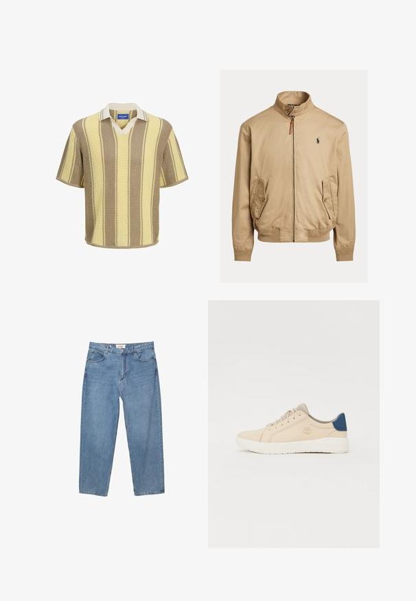 Giacca bomber beige realizzata in tessuto liscio. Presenta un colletto alla coreana, due tasche laterali, polsini a coste e un piccolo logo sul petto.; Polo a maniche corte in maglia con strisce beige, crema e gialle. Design con scollo a V, colletto a contrasto e tessuto testurizzato.; Jeans in denim blu chiaro con taglio dritto, design a cinque tasche e etichetta del marchio visibile in vita.; Sneakers beige in suede, con suola bianca, lacci beige e un dettaglio blu sul tallone. Logo impresso di lato.