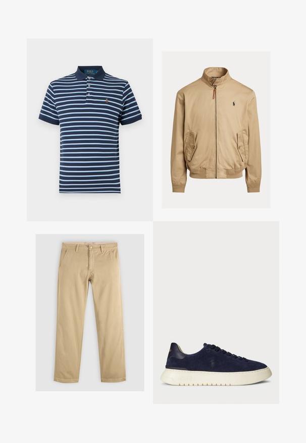 Bež bomber jakna izrađena od glatkog materijala. Ima visok ovratnik, dva bočna džepa, rebraste manžete i mali logo na prsima.; Tamno plava polo majica s svijetloplavim horizontalnim prugama. Ima ovratnik, tri gumba i mali izvezeni logo na prsima.; Kaki chino hlače ravnog kroja, s dvije prednje džepove i pojasom s petljama za remen. Izrađene od mekanog, izdržljivog pamutnog materijala.; Mornarsko modre niske teniske od semiša s teksturiranom površinom, gumenim đonom i toniranim vezicama, s malim logom sa strane i na peti.