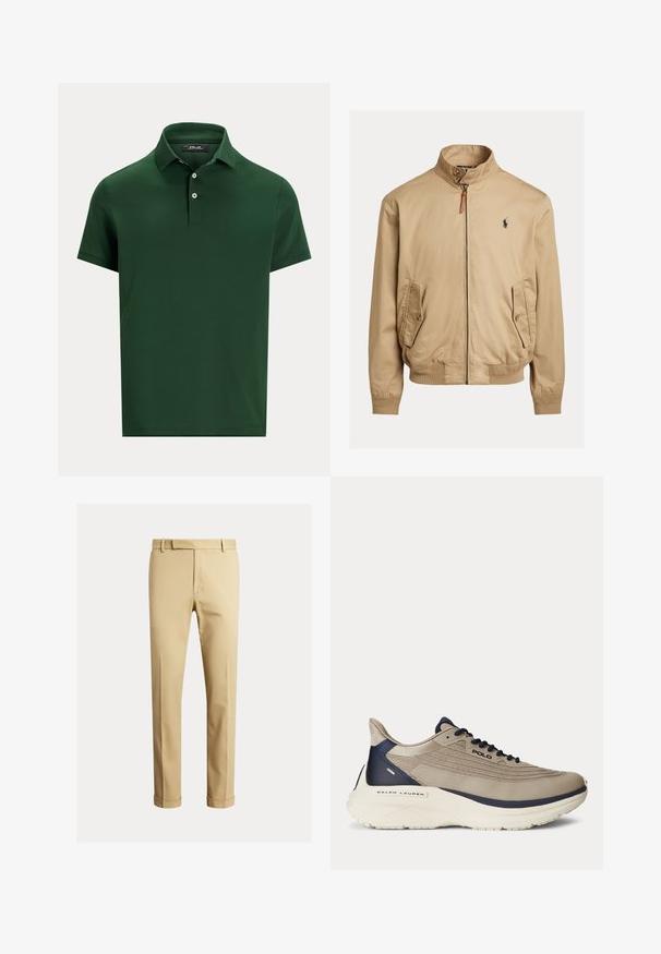 Casaco bomber bege feito de tecido suave. Apresenta um colarinho alto, dois bolsos laterais, punhos canelados e um pequeno logotipo no peito.; Polo de manga curta verde escuro com dois botões e gola, exibido sobre um fundo claro simples.; Chinos caqui feitos de um tecido de algodão suave, com um design ajustado, pregas frontais e punhos no tornozelo para um visual afinado.; Sapatilha atlética bege com parte superior em malha texturizada, detalhes em azul-marinho, sola branca espessa e um design intrincado. Possui atacadores e logótipo.