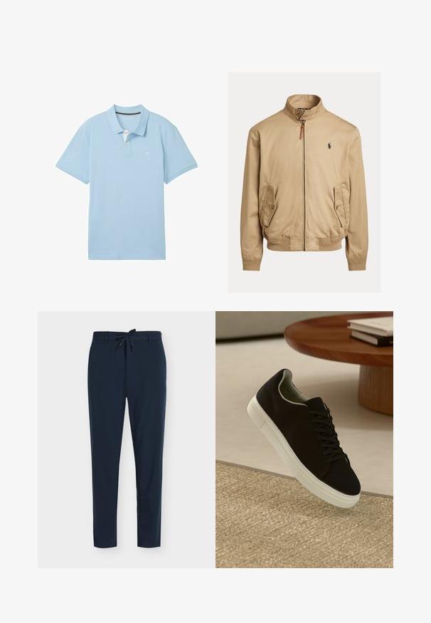 Kreminė bomber stiliaus striukė, pagaminta iš glotnaus audinio. Ji turi pakeltą apykaklę, dvi šonines kišenes, gumuotus rankogalius ir mažą logotipą ant krūtinės.; Šviesiai mėlynas polo marškinėlis, pagamintas iš lygaus audinio. Turi klasikinį apykaklę, trumpas rankoves ir mažą logotipą kairėje krūtinės pusėje.; Tamsiai mėlynos kelnės, pagamintos iš lygios medžiagos, su raišteliu juosmenyje, vertikaliu dryžuotu raštu ir siauro apkausto dizainu.; Juodas sportinis batelis su baltu padu, lekiančius virš smėlio spalvos tekstūruoto kilimo šalia apvalaus medinio stalo su sukrautomis knygomis.