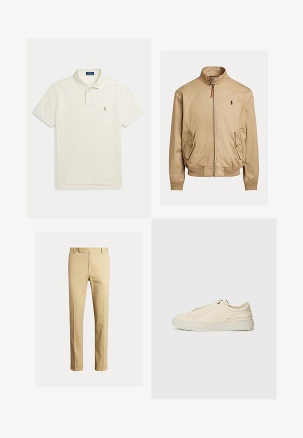 Béžová bomber bunda vyrobená z hladkého materiálu. Má stojáček, dva postranní kapsy, žebrované manžety a malé logo na hrudi.; Poloko s krátkým rukávem v odstínu off-white z bavlny, s klasickým límečkem, zapínáním na dva knoflíky a malým vyšitým logem na hrudi.; Khaki chinos vyrobené z hladké bavlněné tkaniny, s přiléhavým střihem, předními puky a náplety na kotnících pro zúžený vzhled.; Krémové kožené tenisky s kulatou špičkou, minimalistickým designem, jemnými švy a texturovaným svrškem, na světlé podrážce.