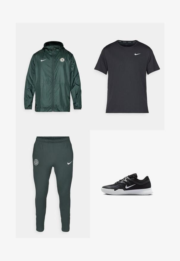 Zelená bunda Nike s kapucí, zipem a logem Chelsea FC na levé části hrudi. Obsahuje elastické manžety a hladký povrch.; Černé běžecké tričko Nike vyrobené z lehkého a prodyšného materiálu, s krátkými rukávy a malým bílým logem na hrudi.; Tmavě zelené sportovní kalhoty s elastickým pasem, s logem Chelsea FC na levém stehně a bílým logem Nike na pravém.; Černá atletická bota s texturovaným svrškem, bílým logem Nike a bílou gumovou podrážkou. Disponuje šněrovacím designem a dynamickým tvarem.