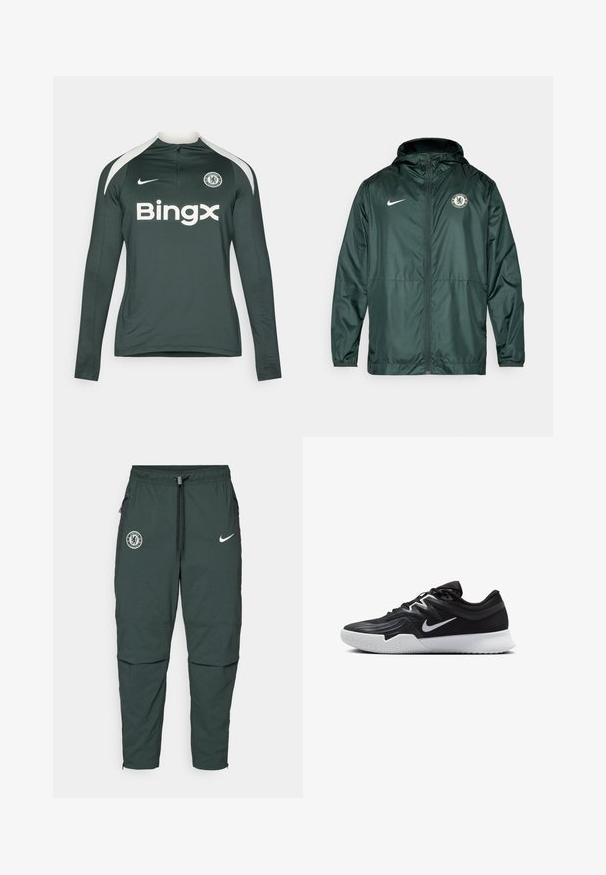Grøn Nike jakke med lynlås, hætte og Chelsea FC-logo på venstre bryst. Har elastiske mansjetter og en glat tekstur.; Langærmet sportstrøje i mørkegrøn med hvide detaljer. Har en lynlås ved halsudskæringen, et teamlogo og "Bingx" mærkenavn i fed hvid tekst.; Mørkegrønne Nike joggere med elastisk talje, justerbar snor, sidelommer med lynlås og Chelsea FC-logo på venstre lår.; Sort atletiksko med en tekstureret overdel, hvid Nike swoosh og en hvid gummisål. Har en snørret design og dynamisk form.