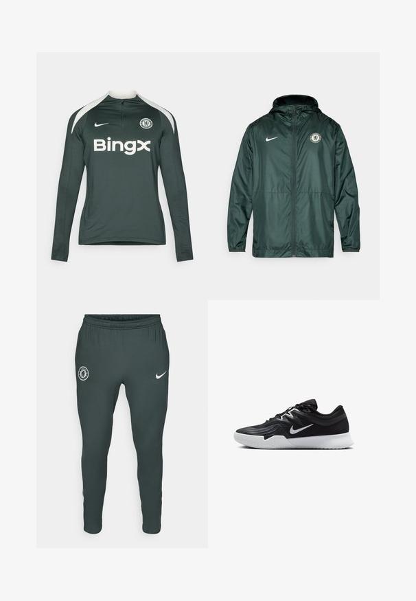 Green Nike jacket featuring a zip closure, hood, and Chelsea FC logo on the left chest. Includes elastic cuffs and a smooth texture.; Long-sleeve sports jersey in dark green with white accents. Features a zip neckline, team logo, and "Bingx" brand name in bold white text.; Dark green athletic pants with elastic waistband, featuring a Chelsea FC logo on the left thigh and a white Nike swoosh on the right.; Black athletic shoe with a textured upper, white Nike swoosh, and a white rubber outsole. Features a lace-up design and dynamic shape.