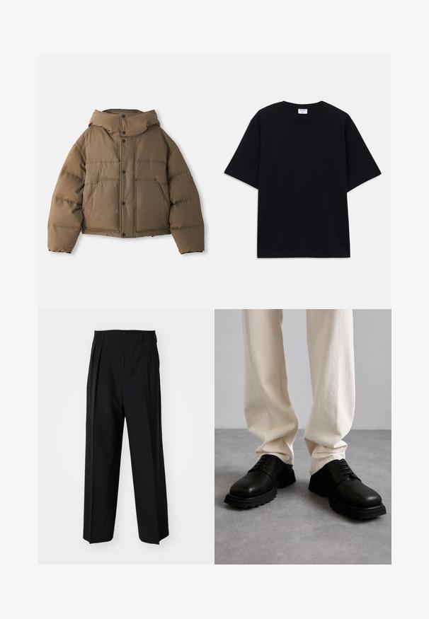 Brown puffer jacket with a hood, featuring a zippered front, four front pockets, and a cropped design. Smooth texture with padded insulation.; Black short-sleeve oversized T-shirt with round neckline and visible Filippa K brand label inside the collar.; Black pleated trousers with a straight, wide-leg design. Made from smooth fabric, featuring a button closure and belt loops.; Black leather shoes with textured surface, round toe, and lace-up front. Rubber sole with tread for grip, worn with cream-colored pants.