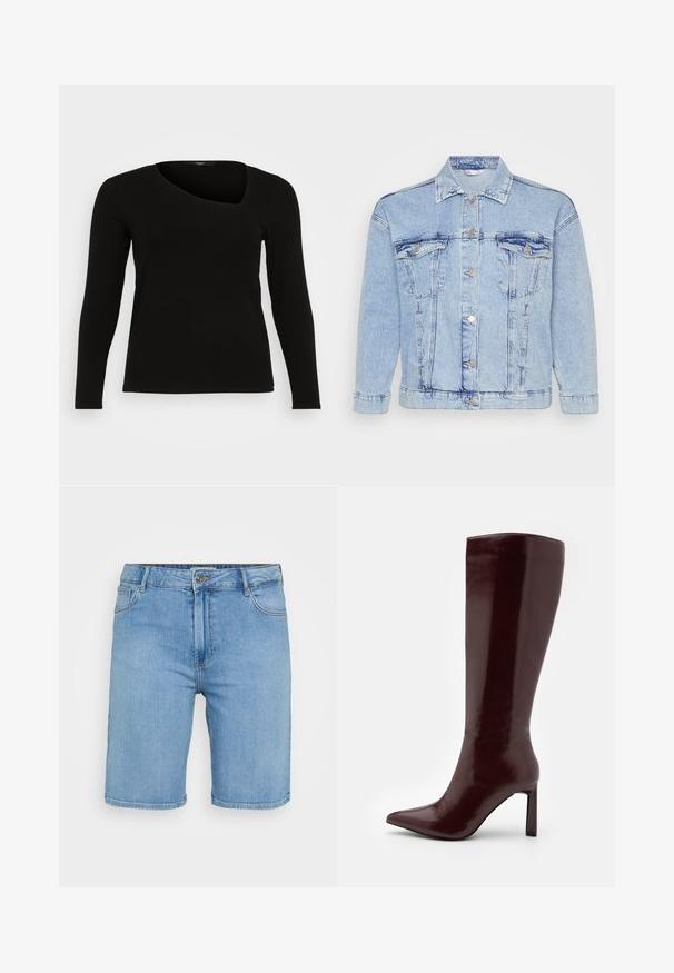 Hellblaues Denim-Jackett mit durchgehender Knopfleiste, zwei Brusttaschen und klassischem Kragen. Mit einem verwaschenen Look und metallischen Knöpfen.; Schwarzes Langarmtop aus geripptem Material mit asymmetrischem Ausschnitt und tailliertem Design. Glatte Textur mit schlanker Silhouette.; Helles blaues Denim-Shorts mit klassischem Schnitt, ausgestattet mit einem vorderen Knopfverschluss, Gürtelschlaufen und zwei Seitentaschen. Glatte Textur und gerader Saum.; Even&Odd Stiefel - dark red