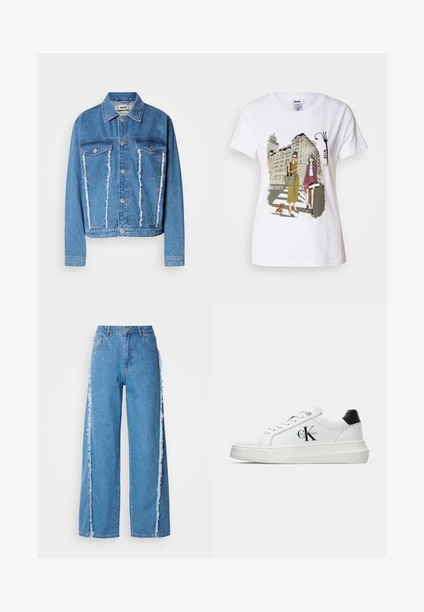 Dongerijakke i lyseblå, med klassisk krage, slitt front, to brystlommer og sølvfargede knapper. Lange ermer.; Hvit bomulls T-skjorte med trykt illustrasjon av to kvinner i urbane motestiler med en hund på et fotgjengerfelt og bybygninger.; Bredde ben blå denim jeans med uttråkkede sidesømmer og et klassisk femlommers design. Knapp- og glidelåslukking i livet.; Hvite lavsko med svart hæltab, plattformsåle, snøringer og Calvin Klein "CK" logo på siden.