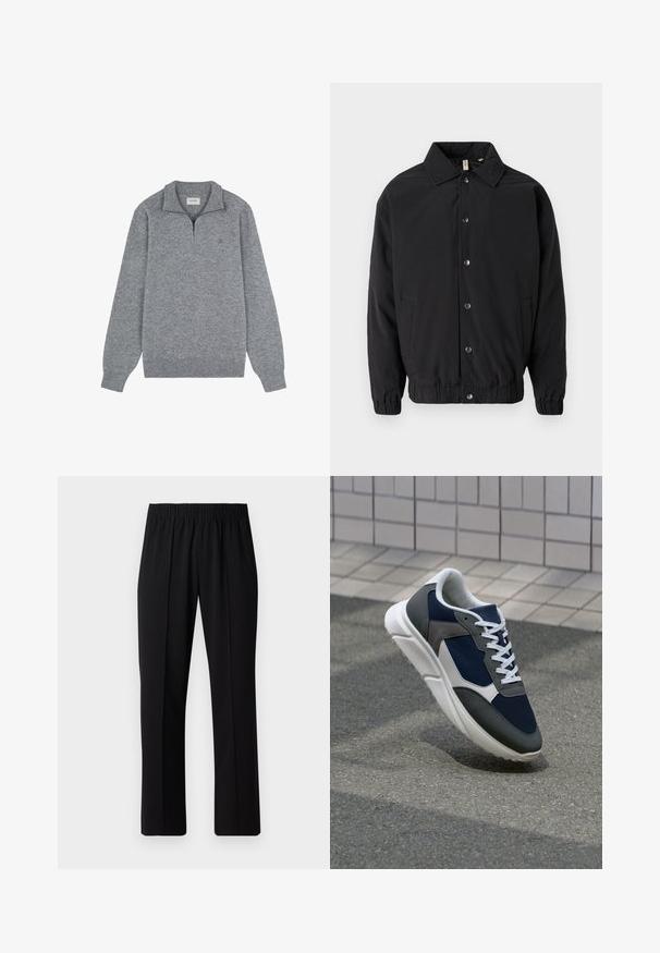 Black jacket with a collared neckline, snap-button front, elastic cuffs, and side pockets. Smooth fabric with a simple design.; Gray sweater with a zippered mock neck, made of soft knit material. Features long sleeves and a subtle logo on the chest.; Black, elastic-waist trousers with a straight-leg design, featuring a smooth texture and no visible patterns or hardware.; Sneaker featuring a navy blue mesh upper, gray suede accents, white rubber sole, and flat white laces, designed for comfort and breathability.