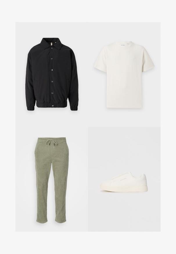 Jachetă neagră cu guler la gât, închidere frontală cu butoane, manșete elastice și buzunare laterale. Țesătură netedă cu un design simplu.; Tricou alb cu maneci scurte, dintr-un material ribbed. Guler rotund, croi lejer, fără modele sau accente vizibile. Design simplu și versatil.; Pantaloni din corduroy kaki cu talie elastică, șnur ajustabil și picioare drepte. Prezintă o textură ribbed pronunțată pe tot parcursul.; Tenisi albi slip-on cu o suprafață texturată, talpă groasă și un design minimalist. Prezintă logo-ul brandului pe lateral.