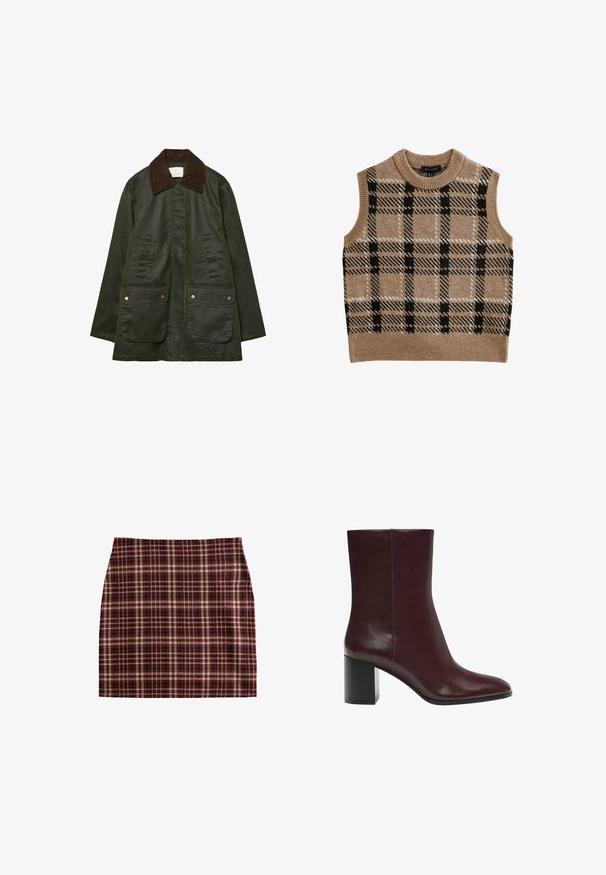 Stradivarius WAXED WITH MULTIPLE - Parka - khaki; Gilet lavorato a maglia color beige con collo rotondo, caratterizzato da un motivo a quadri bianco e nero, design senza maniche e dettaglio con orlo a costine.; Gonna a quadri con una combinazione di colori maroon, beige e nero, design strutturato e una texture liscia con una linea dritta.; Stivali alla caviglia bordeaux realizzati in pelle liscia, con punta appuntita e un tacco spesso e testurizzato di colore nero. Design minimalista con linee pulite.