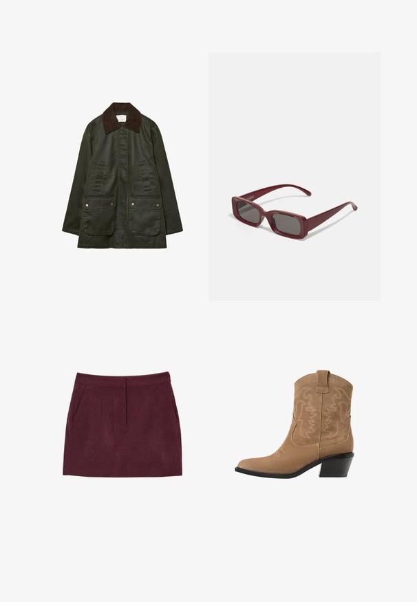 Stradivarius WAXED WITH MULTIPLE  - Parka - khaki; Gilet en tricot beige avec un col rond, présentant un motif à carreaux noir et blanc, un design sans manches et un détail de bord côtelé.; Jupe mini en velours côtelé bordeaux avec une texture lisse, dotée de deux poches avant et d'une coupe droite. Taille basse avec des plis subtils.; Bottines western en daim marron avec un bout pointu, un design brodé et un petit talon noir empilé. Comprend des tirettes pour un enfilage facile.; Lunettes de soleil rectangulaires bordeaux avec des verres foncés, des montures épaisses et des branches effilées. Fabriquées en plastique brillant avec une texture lisse.