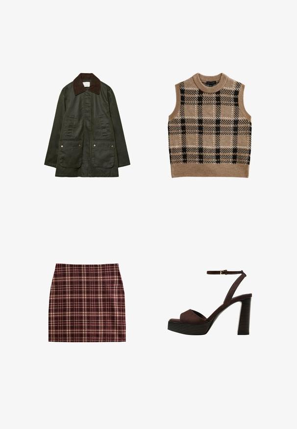 Stradivarius WAXED WITH MULTIPLE  - Parka - khaki; Gilet en tricot beige avec un col rond, présentant un motif à carreaux noir et blanc, un design sans manches et un détail de bord côtelé.; Jupe à carreaux dans des tons de bordeaux, beige et noir, avec un design structuré et une texture lisse, dotée d'une coupe droite.; Sandale à talons hauts en suede marron avec un bout ouvert, une bride de cheville réglable et une semelle de plateforme rayée.
