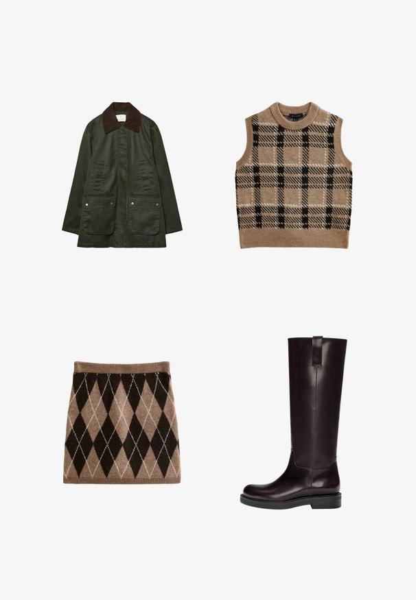 Stradivarius WAXED WITH MULTIPLE - Parka - khaki; Gilet en tricot beige avec un col rond, présentant un motif à carreaux noir et blanc, un design sans manches et un détail de bord côtelé.; Jupe en tricot présentant un motif argyle brun et beige, avec une taille côtelée et une texture douce. Forme rectangulaire, longueur genou.; Bottes en cuir marron jusqu'aux genoux avec une texture lisse, un bout rond et une semelle plate en caoutchouc noir. Présente une couture verticale et une anse à l'arrière.