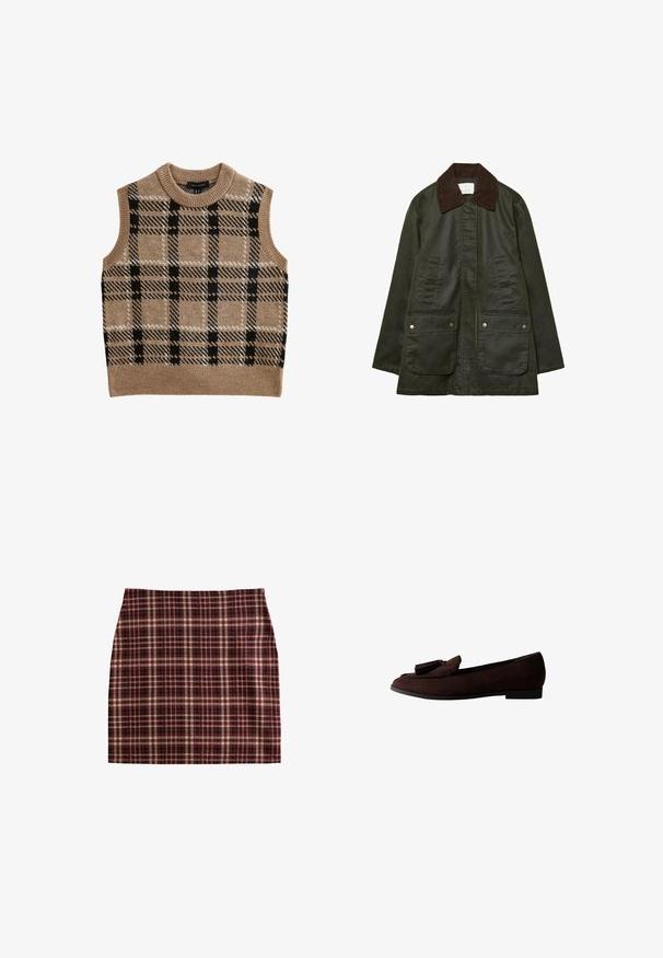Stradivarius - Parka; Beżowa dzianinowa kamizelka z okrągłym dekoltem, charakteryzująca się czarno-białym wzorem w kratę, bezrękawnikowym fasonem oraz szczegółami w ściągaczu na dole.; Spódnica w kratę w kolorach bordowym, beżowym i czarnym, o ustrukturyzowanym designie i gładkiej fakturze, z prostym krojem.; Brązowe zamszowe mokasyny z okrągłym noskiem i dekoracyjnym frędzlem na cholewce. Płaska podeszwa o minimalistycznym designie i gładkiej fakturze.