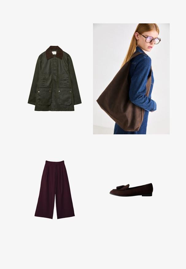 Stradivarius WAXED WITH MULTIPLE - Parka - khaki; Long-sleeve button-up shirt with black and beige checkered pattern and a single chest pocket, collar, and curved hem.; Wide-leg trousers in deep burgundy fabric, featuring pleats, a high waist, and two side pockets for utility and style.; Brown suede loafer with a rounded toe and decorative tassel on the upper. Flat sole with a minimalistic design and smooth texture.; Brown leather tote bag with a soft texture, featuring a spacious design and a single strap. Worn with a blue denim jacket.