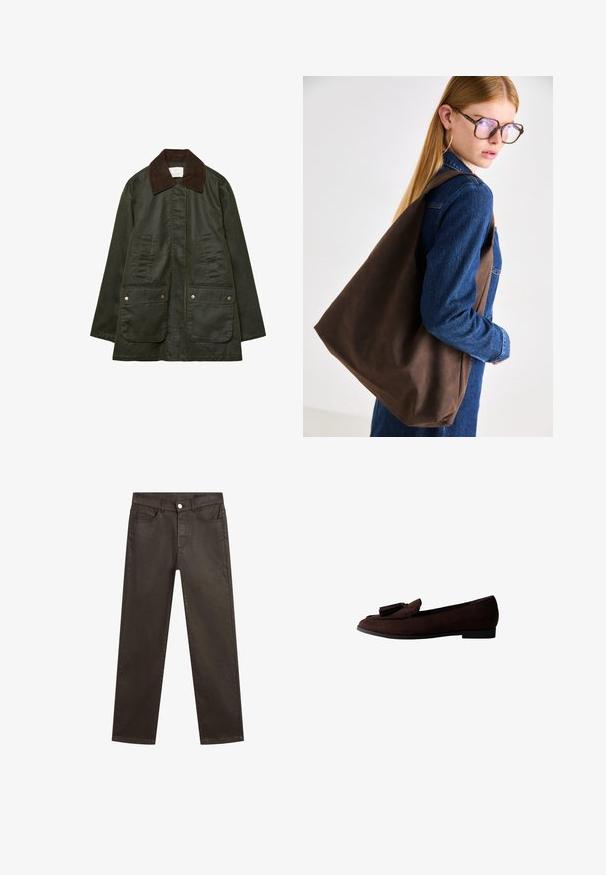 Stradivarius WAXED WITH MULTIPLE - Parka - khaki; Chemise à manches longues à boutons avec un motif à carreaux noir et beige, une poche poitrine unique, un col et un ourlet arrondi.; Jean en denim marron avec une coupe droite, cinq poches et une fermeture à bouton sur le devant. Texture lisse avec un léger éclat.; Mocassin en daim marron avec un bout rond et un gland décoratif sur le dessus. Semelle plate avec un design minimaliste et une texture lisse.; Sac tote en cuir marron avec une texture douce, offrant un design spacieux et une seule sangle. Porté avec une veste en jean bleu.