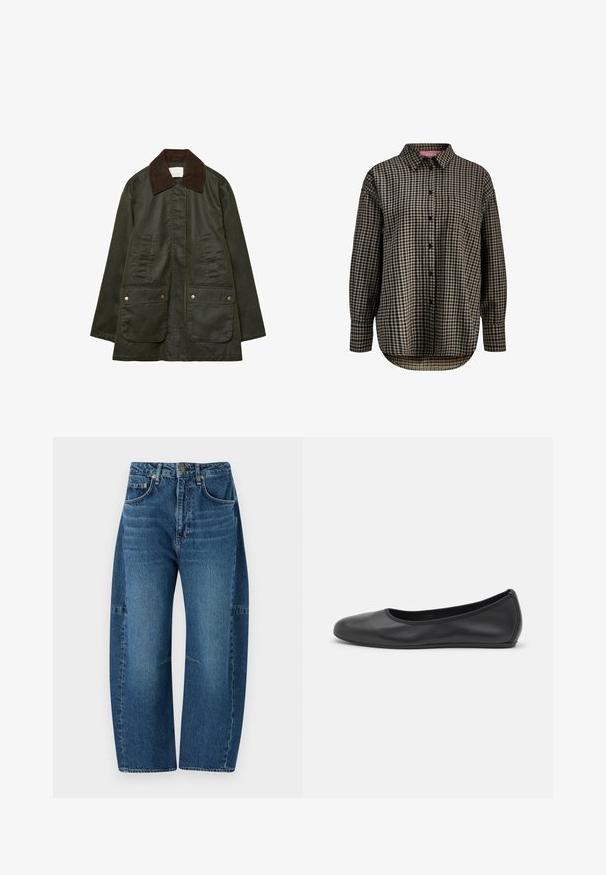 Stradivarius WAXED WITH MULTIPLE - Parka - khaki; Košeľa s dlhým rukávom, zapínaním na gombíky, s čierno-bežovým károvaným vzorom, jednou náprsnej kapsou, golierom a zakriveným lemom.; rag & bone CHARLIE BARREL JEAN - Široké nohavice - dark blue denim; Čierne kožené baleríny s okrúhlou špičkou, hladkým povrchom, minimálnym prešívaním a flexibilným dizajnom podrážky.