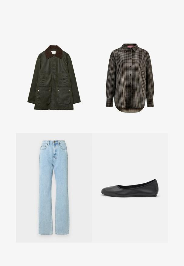 Stradivarius WAXED WITH MULTIPLE - Parka - khaki; Srajca s dolgimi rokavi z gumbom, s črno-bež karo vzorcem, enim žepom na prsih, ovratnikom in ukrivljenim robom.; Svjetloplave traperice ravnog kroja, s patentnim zatvaranjem, pet džepova i suptilnim detaljima habanja.; Črne usnjene balerinke z zaobljenim nosom, gladko teksturo, minimalnimi šivi in fleksibilno zasnovo podplata.