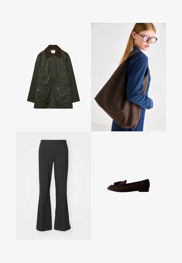 Stradivarius WAXED WITH MULTIPLE - Parka - khaki; Camicia a maniche lunghe con motivo a scacchi nero e beige, dotata di una tasca sul petto, colletto e orlo curvo.; Pantaloni neri a campana con strisce verticali bianche, caratterizzati da una vita sartoriale e un tessuto liscio e texture.; Mocassino in suede marrone con punta rotonda e nappina decorativa sulla parte superiore. Suola piatta con un design minimalista e superficie liscia.; Borsa a tracolla in pelle marrone con una texture morbida, caratterizzata da un design ampio e una sola tracolla. Indossata con un giubbino di jeans blu.