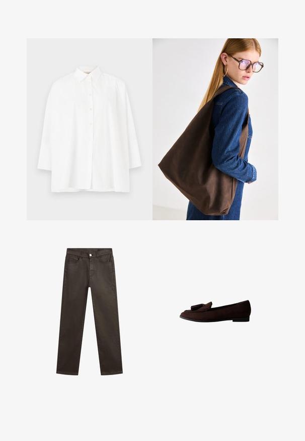 Stradivarius WAXED WITH MULTIPLE - Parka - khaki; White button-up shirt with a classic collar, long sleeves, and a relaxed fit. Smooth cotton fabric with no visible patterns or accents.; Brown denim jeans featuring a straight-leg design, five-pocket styling, and a front button closure. Smooth texture with a slight sheen.; Brown suede loafer with a rounded toe and decorative tassel on the upper. Flat sole with a minimalistic design and smooth texture.; Brown leather tote bag with a soft texture, featuring a spacious design and a single strap. Worn with a blue denim jacket.