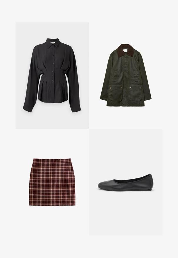 Stradivarius WAXED WITH MULTIPLE - Parkas - khaki; Svart långärmad skjorta i ett slätt tyg, med knäppning fram, rundad nederkant och samlad detalj vid midjan för en skräddarsydd passform.; Rutig kjol med en färgpalett av vinröd, beige och svart, strukturerad design och en slät textur med rak skärning.; Svart läderballerinaskor med rund tå, slät yta, minimala söm detaljer och en flexibel sula.