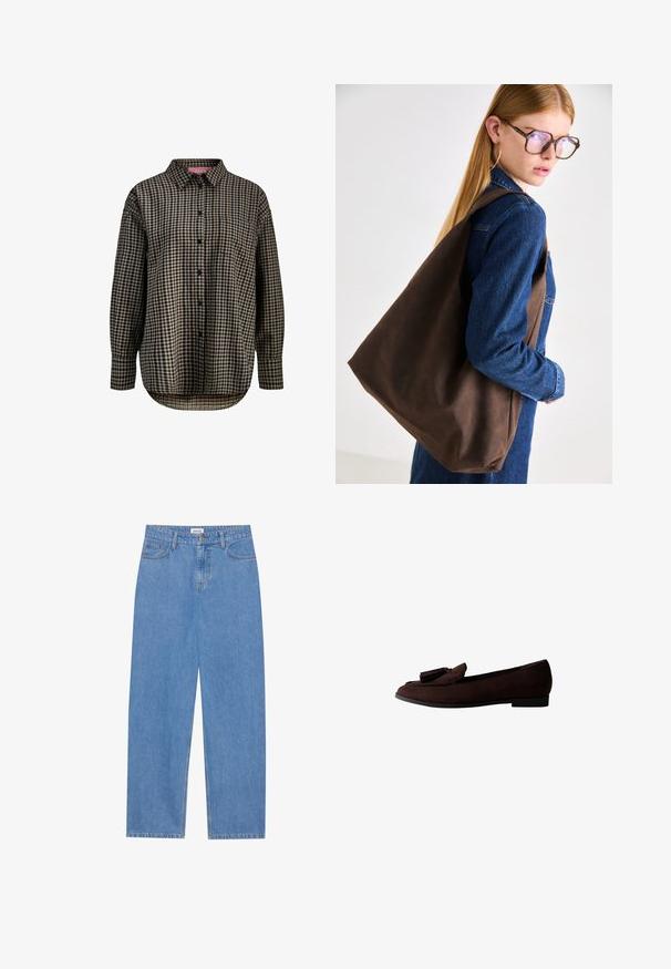 Stradivarius - Parka; Koszula z długim rękawem z guzikami, w czarno-beżowy w kratkę, z jedną kieszonką na piersi, kołnierzykiem i zaokrąglonym dnem.; Jasnoniebieskie dżinsy w prostym kroju, z pięcioma kieszeniami, jednobutonowym zapięciem i subtelnymi detalami haftu na szwach.; Brązowe zamszowe mokasyny z okrągłym noskiem i dekoracyjnym frędzlem na cholewce. Płaska podeszwa o minimalistycznym designie i gładkiej fakturze.; Brązowa skórzana torba typu tote o miękkiej fakturze, z przestronnym wnętrzem i pojedynczym paskiem. Noszona z niebieską kurtką dżinsową.