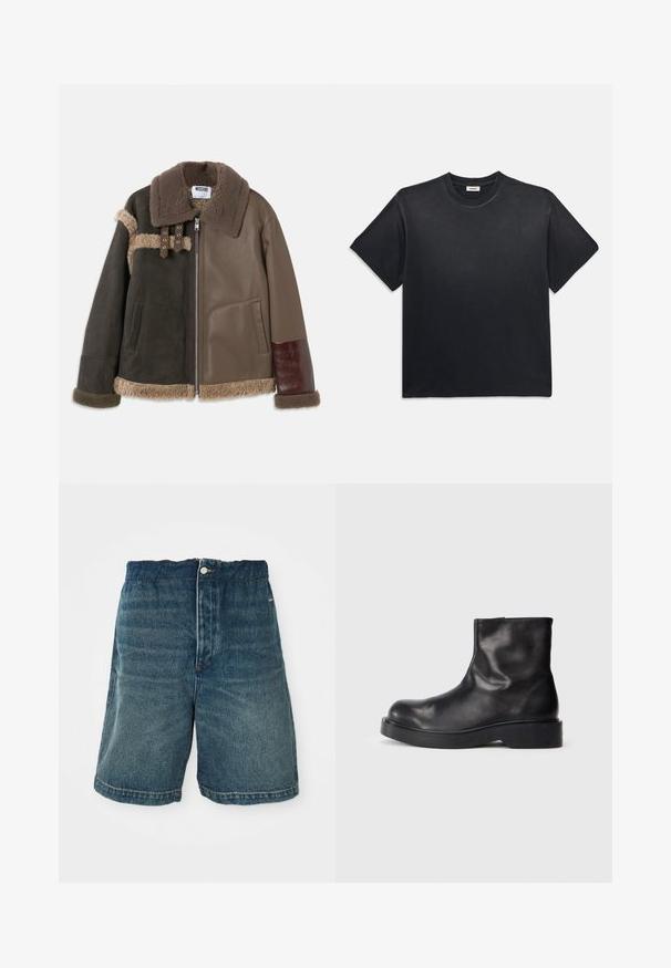 Hnědá a tmavě olivová kožešinová bunda s předním zipem, velkým límcem, dvěma kapsami a kontrastními koženými detaily na rukávech a těle.; Černé bavlněné tričko s kulatým výstřihem a krátkým rukávem. Má uvolněný střih, hladkou strukturu a minimalistický design.; Džínové šortky tmavě modré barvy s volným střihem, se zapínáním na knoflík a viditelným šitím podél lemu a kapes.; Černé kožené kotníkové boty s kulatou špičkou, hladkou texturou a robustní černou gumovou podrážkou. Minimalistický design bez viditelného kovového kování.
