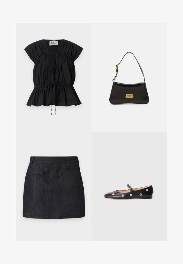 Mørkegrå cropped pufferjakke med hætte, frontlynlås og lange ærmer, vist på en hvid baggrund.; Beige turtleneck sweater med ribbet krave og manchetter. Blød tekstur og afslappet snit. Standard længde med minimalistisk design.; Sort kortermet bluse med samlede detaljer, justerbare snore i livet og en svajet kant. Fremstillet af glat, letvægtsstof.; Mørk denimnederdel med lige snit, der har to forlommer og en subtil tekstur. Ren kant og standard taljedesign.; Sorte læder Mary Jane flad sko med en rund tå, udstyret med sølvfarvede runde nitter og en justerbar rem med spænde.; Sort læderhåndtaske med et buet design, guld logo-plade detaljer og en slank skulderrem. Glat tekstur med en elegant finish.