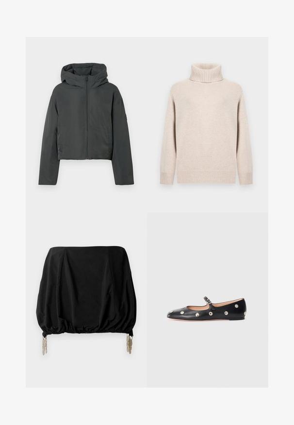 Tmavě šedá zkrácená péřová bunda s kapucí, předním zipem a dlouhými rukávy, vystavená na bílém pozadí.; Bežový rolák s ribováním na límci a rukávech. Měkká textura a volný střih. Standardní délka s minimalistickým designem.; Černý zkrácený top se skládáním, s elastickým lemem a kovovými klipy jako ozdobami. Vyrobeno z lehkého materiálu.; Černé kožené baleríny typu Mary Jane s kulatou špičkou, zdobené stříbrnými kulatými nýty a nastavovacími popruhy se sponou.