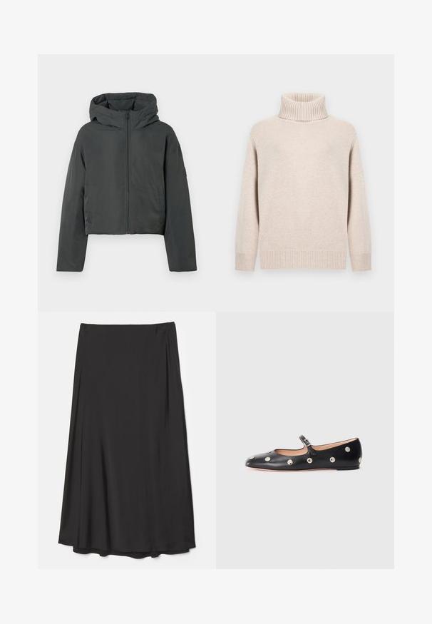 Dark gray cropped puffer jacket with hood, front zipper, and long sleeves, displayed on a white background.; Beige turtleneck sweater with ribbed collar and cuffs. Soft texture and relaxed fit. Standard length with minimalistic design.; Black, knee-length skirt made of smooth fabric; features a flowing design with soft drapes and no visible fasteners.; Black leather Mary Jane flat shoe with a rounded toe, featuring silver circular studs and an adjustable strap with a buckle.