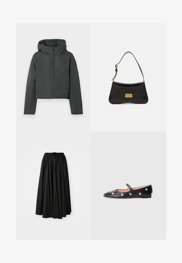 Dark gray cropped puffer jacket with hood, front zipper, and long sleeves, displayed on a white background.; Beige turtleneck sweater with ribbed collar and cuffs. Soft texture and relaxed fit. Standard length with minimalistic design.; Black, ankle-length skirt made of lightweight fabric. Features a gathered waistband with a drawstring for adjustable fit and a flared silhouette.; Black leather Mary Jane flat shoe with a rounded toe, featuring silver circular studs and an adjustable strap with a buckle.; Black leather handbag with a curved design, gold logo plate accent, and a slim shoulder strap. Smooth texture with a sleek finish.
