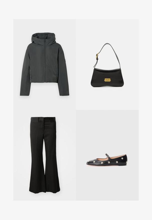 Donkergrijze cropped pufferjack met capuchon, voorrits en lange mouwen, weergegeven op een witte achtergrond.; Beige coltruike met ribbelkraag en -manchetten. Zachte textuur en relaxte pasvorm. Standaardlengte met minimalistisch ontwerp.; Zwarte flared broeken van een gladde stof, met een middelhoge tailleband en een strakke, op maat gemaakte uitstraling zonder zichtbare versieringen.; Zwarte leren Mary Jane ballerina met een ronde neus, voorzien van zilveren ronde studs en een verstelbaar bandje met een gesp.; Zwarte leren handtas met een gebogen ontwerp, gouden logo plaat accent en een smalle schouderband. Glad textuur met een stijlvolle afwerking.