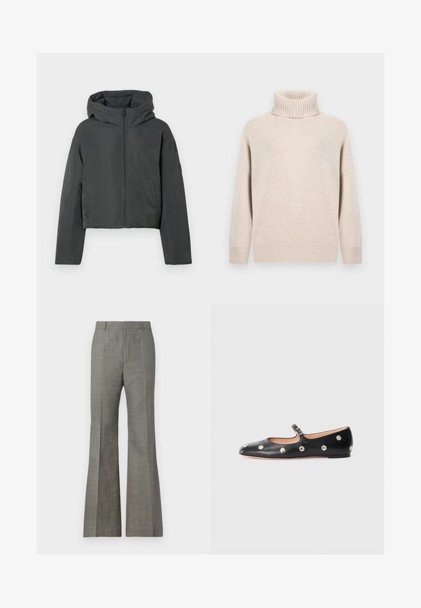 Dark gray cropped puffer jacket with hood, front zipper, and long sleeves, displayed on a white background.; Beige turtleneck sweater with ribbed collar and cuffs. Soft texture and relaxed fit. Standard length with minimalistic design.; Gray flared trousers made of textured fabric, featuring a tailored fit, subtle plaid pattern, and front creases for a refined appearance.; Black leather Mary Jane flat shoe with a rounded toe, featuring silver circular studs and an adjustable strap with a buckle.