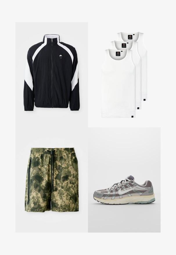 Črn vetrovka s belimi diagonalnimi poudarki, visokim ovratnikom, zadrgo spredaj in logotipom na levem prsnem delu. Lahka, teksturirana tkanina.; Tri bele rebraste majice brez rokavov iz bombaža. Imajo okroglo izreza in majhne črne etikete blizu roba. Na voljo v več velikostih.; Kamuflažni kopalni šortki v zeleni barvi, izdelani iz lahkega materiala, z elastičnim pasom, vrvico in stranskima žepoma.; Sive športne čevlje z zgornjim delom iz mrežastega in semiš materiala, belimi akcenti, oblazinjenim podplatom ter edinstvenim dizajnom z odsevnimi elementi.