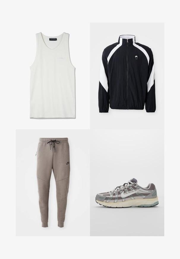 Black windbreaker jacket with white diagonal accents, high collar, zipper front, and logo on the left chest. Lightweight, textured fabric.; White cotton tank top with a rounded neckline and narrow shoulder straps. Features subtle embroidered logo in light blue on the chest.; Gray Nike sweatpants with a drawstring waistband, tapered legs, side pockets, and distinct seam detailing. Soft, textured fabric.; Gray athletic shoe featuring a mesh and suede upper, white accents, a cushioned sole, and a distinctive design with reflective elements.