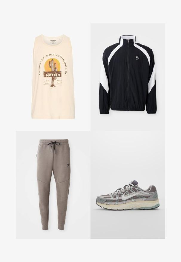 Zwarte windbreaker jas met witte diagonale accenten, hoge kraag, rits aan de voorkant en logo op de linkerborst. Lichtgewicht, geweven stof.; Crème-kleurige tanktop met een grafisch ontwerp van een cactus en de zon. De tekst bevat "Western Motels Vacancy" en "Cactus & Sun Motels."; Grijze Nike-sweatpants met een verstelbare tailleband, taps toelopende benen, zijzakken en opvallende naaddetails. Zachte, gestructureerde stof.; Grijze sportieve schoen met een bovenwerk van mesh en suede, witte accenten, een gevoerde zool en een onderscheidend ontwerp met reflecterende elementen.