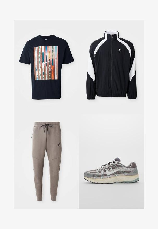 Černá větrovka s bílými diagonálními akcenty, vysokým límcem, zapínáním na zip a logem na levé části hrudi. Lehká, strukturovaná tkanina.; Námornická trička s grafickým designem, na kterém jsou vertikální pruhy v různých odstínech, zahrnující městské motivy a logo Nike.; Šedé Nike tepláky s elastickým pasem na šňůrku, zúženými nohavicemi, bočními kapsami a charakteristickým švem. Měkká, strukturovaná tkanina.; Šedá sportovní obuv s vrchní částí z mikrovlákna a semiše, bílými akcenty, polstrovanou podrážkou a jedinečným designem s reflexními prvky.