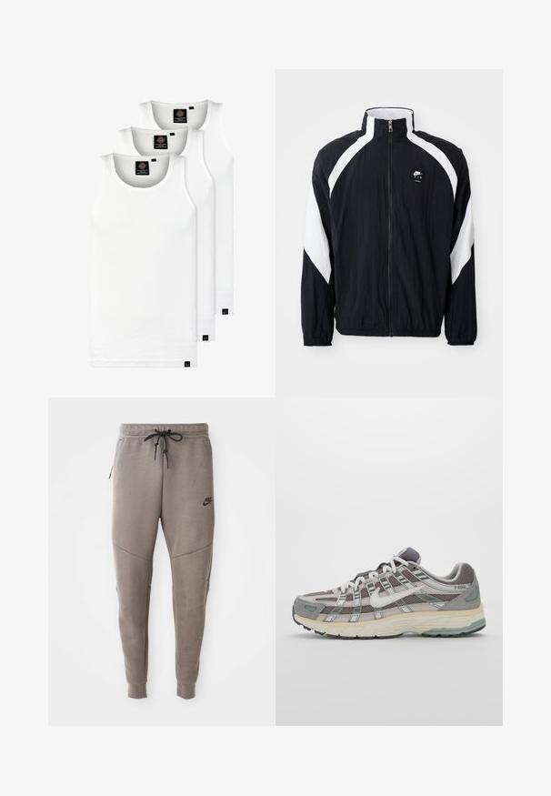 Svart vindjakke med hvite diagonale detaljer, høy krage, glidelås foran og logo på venstre bryst. Lett, strukturert stoff.; Tre hvite ribbestrikkede tank topper laget av bomull. Har en rund hals og små svarte etiketter nær kanten. Tilgjengelig i flere størrelser.; Grå Nike joggebukser med snor i midjen, smale ben, sidelommer og distinkte sømdetaljer. Myk, teksturert stoff.; Grå treningssko med overdel i nett og semsket skinn, hvite detaljer, en polstret såle, og et særpreget design med reflekterende elementer.