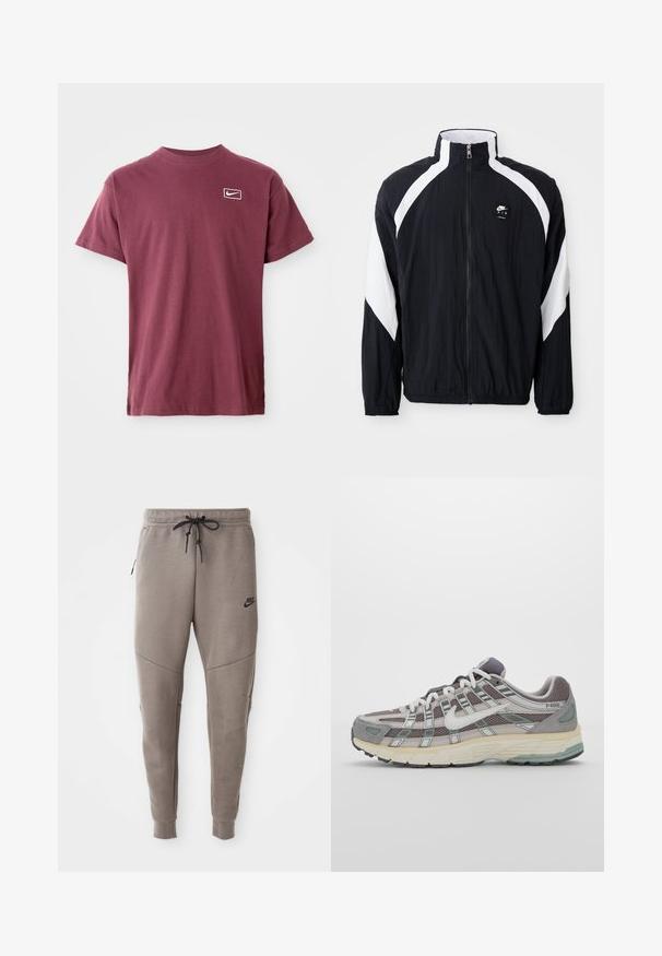 Juodas vėjui atsparus striukė su baltais įstrižais akcentais, aukštu apykakle, užtrauktuku priekyje ir logotipu kairiajame krūtinės kampe. Lengva, tekstūruota medžiaga.; Tamsiai raudonas trumpalaikis marškinėlių su apvaliu kaklu T-shirt su mažu baltu Nike swoosh logotipu apvalioje stačiakampio formos etiketėje kairėje krūtinės pusėje.; Pilkos Nike kelnės su raišteliu liemenyje, siaurėjančiomis kojomis, šoninėmis kišenėmis ir išskirtiniais siūlų detalėmis. Minkšta, tekstūruota medžiaga.; Pilkas sportinis batas su tinklu ir zomšos viršutine dalimi, baltomis detalėmis, paminkštintu padu ir išskirtiniu dizainu su atspindinčiais elementais.