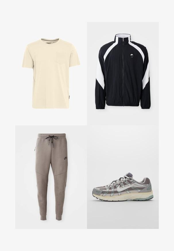 Sort vindjakke med hvide diagonale accenter, høj krave, lynlås foran og logo på venstre bryst. Letvægts, struktureret stof.; Lyse beige kortærmet t-shirt lavet af bomuld, med rund hals og en lille brystlomme til venstre. Tekstureret krave detalje.; Grå Nike joggingbukser med snoretræk i taljen, tapered ben, sidelommer og markante sømdetaljer. Blødt, struktureret stof.; Grå sportssko med overdel i mesh og ruskind, hvide accenter, en polstret sål og et særpræget design med reflekterende elementer.