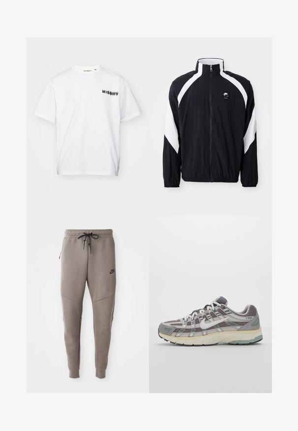 Black windbreaker jacket with white diagonal accents, high collar, zipper front, and logo on the left chest. Lightweight, textured fabric.; MISBHV COMMUNITY - Print T-shirt - white; Gray Nike sweatpants with a drawstring waistband, tapered legs, side pockets, and distinct seam detailing. Soft, textured fabric.; Gray athletic shoe featuring a mesh and suede upper, white accents, a cushioned sole, and a distinctive design with reflective elements.