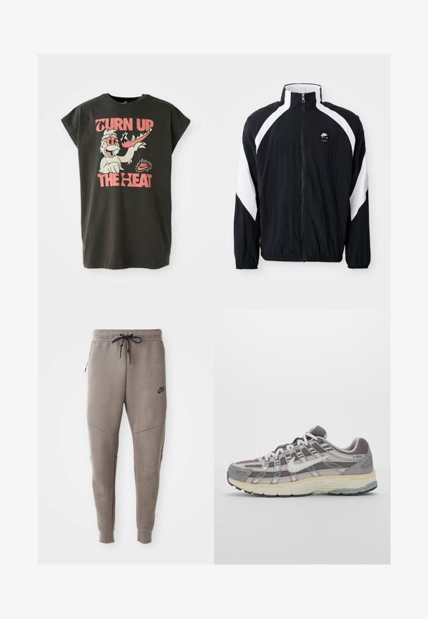 Melnā vēja necaurlaidīgā jaka ar baltām diagonālām akcentēm, augstu apkakli, rāvējslēdzēja priekšpusi un logotipu kreisajā krūtī. Viegls, teksturēts audums.; Melna pārāk liela T-krekls ar īsām piedurknēm, kurā ir krāsains varoņa attēls, uzraksts "PAUGSTINI SILDĪBU" un Nike logo.; Pelēki Nike sporta bikses ar aukliņu viduklī, sašaurinātiem galiem, sānu kabatām un izteiktām šuvēm. Mīksta, teksturēta auduma.; Pelēkie sporta apavi ar tīkla un zamša augšdaļu, baltiem akcentiem, mīkstinātu zoli un izcilu dizainu ar atstarotājiem.