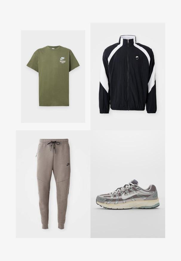 Svart vindjakke med hvite diagonale detaljer, høy krage, glidelås foran og logo på venstre bryst. Lett, strukturert stoff.; Olivengrønn bomull t-skjorte med korte ermer, rund hals og hvit trykt tekst: "NIKE AUTORISERT PERSONELL KUN" på forsiden.; Grå Nike joggebukser med snor i midjen, smale ben, sidelommer og distinkte sømdetaljer. Myk, teksturert stoff.; Grå treningssko med overdel i nett og semsket skinn, hvite detaljer, en polstret såle, og et særpreget design med reflekterende elementer.