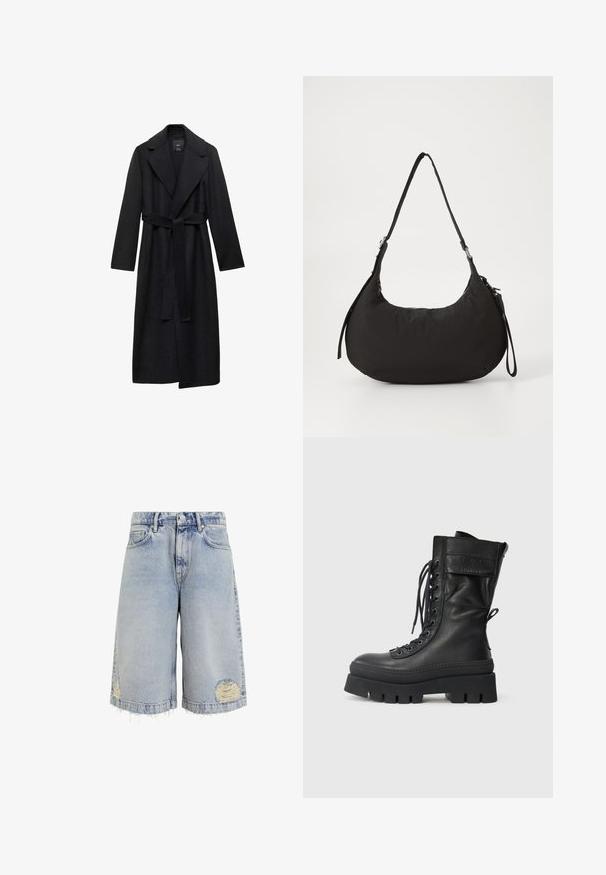Czarny długi płaszcz z mieszanki wełny, z paskiem w talii, szerokimi klapami i długimi rękawami. Charakteryzuje się prostym, minimalistycznym stylem oraz luźną sylwetką.; Biała bezrękawnikowa koszulka wykonana z prążkowanej tkaniny, z okrągłym dekoltem i dopasowanym krojem, o minimalnych szwach i bez ozdób.; Jasnoniebieskie szorty dżinsowe o szerokim kroju, z postrzępionym dołem i przetarciami z widocznymi szwami. Klasyczny pięciopocketowy design.; Czarne skórzane buty wojskowe z wysoką cholewką, sznurowanym przodem, teksturowanymi akcentami, grubą podeszwą i haftowanymi detalami. Posiadają tylną pętelkę do zakupu.; Czarna nylonowa torba na ramię o zaokrąglonym kształcie, z regulowanym paskiem, zapięciem na zamek i subtelnym połyskiem. Charakteryzuje się minimalistycznym designem i lekką strukturą.; Srebrny pierścionek o gładkim, zaokrąglonym wzornictwie z akcentem w kształcie gwiazdy. Modelka ubrana w zieloną bluzę z żółtym napisem, trzymająca ręce blisko szyi.