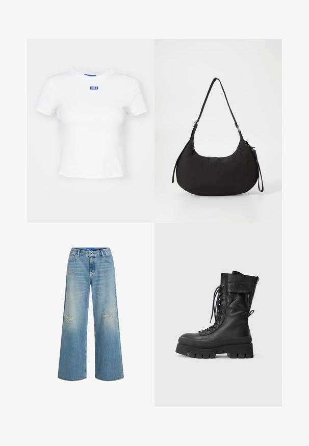 Palton lung dintr-un amestec de lână neagră, cu talie accentuată printr-un cordon, revere largi și mâneci lungi. Are un design curat, minimal și o siluetă lejeră.; Cămașă albă din bumbac cu mâneci scurte, decolteu rotund și un patch rectangular albastru cu inscripția "HUGO" în centrul frontal.; Jeans din denim de culoare albastru deschis, cu pantaloni largi, cu pete distruse la genunchi și tiv destrămat. Design clasic cu cinci buzunare și închidere cu buton.; Cizme de luptă din piele neagră, cu o tălpică înaltă, șireturi în față, accente texturate, talpă groasă și detalii cusute. Dispune de o panglică în spate pentru a fi ușor de încălțat.; Geantă de umăr din nylon negru, cu o formă rotunjită, curea ajustabilă, închidere cu fermoar și luciu subtil. Prezintă un design minimalist și o textură ușoară.; Inel argintiu cu un design neted, curbat, ce are un accent în formă de stea. Modelul poartă un hanorac verde cu inscripții galbene, cu mâinile aproape de gât.