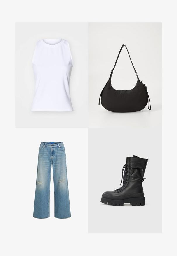 Sort uldblanding lang frakke med bælte i taljen, brede klapper og lange ærmer. Har et rent, minimalistisk design og en afslappet silhuet.; Hvid ærmeløs tanktop lavet af glat bomuldsblanding. Har en rund halsudskæring og diskret logo-broderi i midten foran.; Lysblå denim wide-leg jeans med slidte knælapper og flosset kant. Klassisk fem-lomme design og knaplukning.; Sort læderkampstøvle med høj skaft, snørebånd foran, teksturerede accenter, tyk sål og syet detaljer. Har en bageste løftestrop.; Sort nylon skuldertaske med en afrundet form, justerbar rem, lynlås-lukning og subtil glans. Har minimalistisk design og let vægt.; Sølv ring med et glat, buet design og en stjerneaccent. Model iført en grøn sweatshirt med gule bogstaver, hænderne nær halsen.