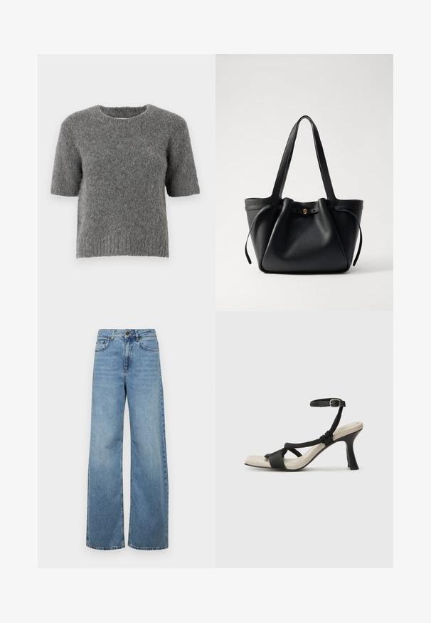 Pikk, kerge valge mantel villasegust. Omab lõigatud krae, kahte eesmist taskut ja ühte nööpkinnitust. Sile tekstuur.; Lühikeste varrukatega pehme hall kootud sviiter, millel on ümmargune kaelus ja soonikserv. Tekstuur näib karvane ning sobib mugsaks kandmiseks.; Hele sinine laiade jalgadega teksapüksid, mis on valmistatud denimist, kõrgema vöökohtaga, esikottide ja klassikalise viie tasku disainiga, peente pleekimistega.; Mustad musta kontsaga sandaal, millel on punutud rihma disain, ruudukujuline varvas ja reguleeritav pahkluu rihm. Heleda beeži värvi jalapadi ja läikiv must konts.; Must musta kott, millel on kaks pikka rihma, kergelt kokkusurutud ülaosa ja kuldne ümmargune aksessuaar. Sile tekstuur ja minimalistlik disain.