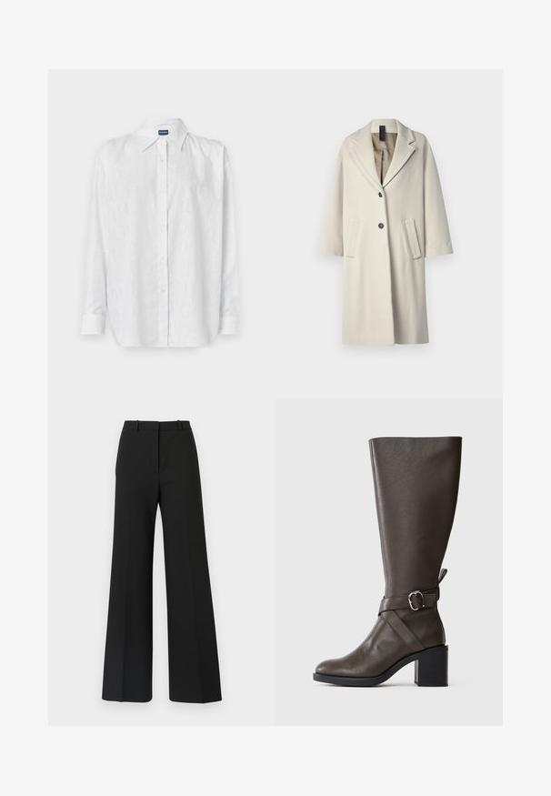 Abrigo largo y ligero en mezcla de lana. Presenta un cuello con muesca, dos bolsillos frontales y un cierre de botón único. Textura suave.; Camisa blanca de botones con un sutil patrón de logotipo en tonos, mangas largas y un cuello clásico. Hecha de un material suave y ligero.; Pantalones de pierna ancha negros con un diseño a medida, que presentan una textura suave y sutiles plisados en la parte frontal. Sin herrajes ni patrones visibles.; Bota de cuero marrón oscuro hasta la rodilla con un tacón mediano tipo bloque y una correa decorativa con hebilla plateada alrededor del tobillo.