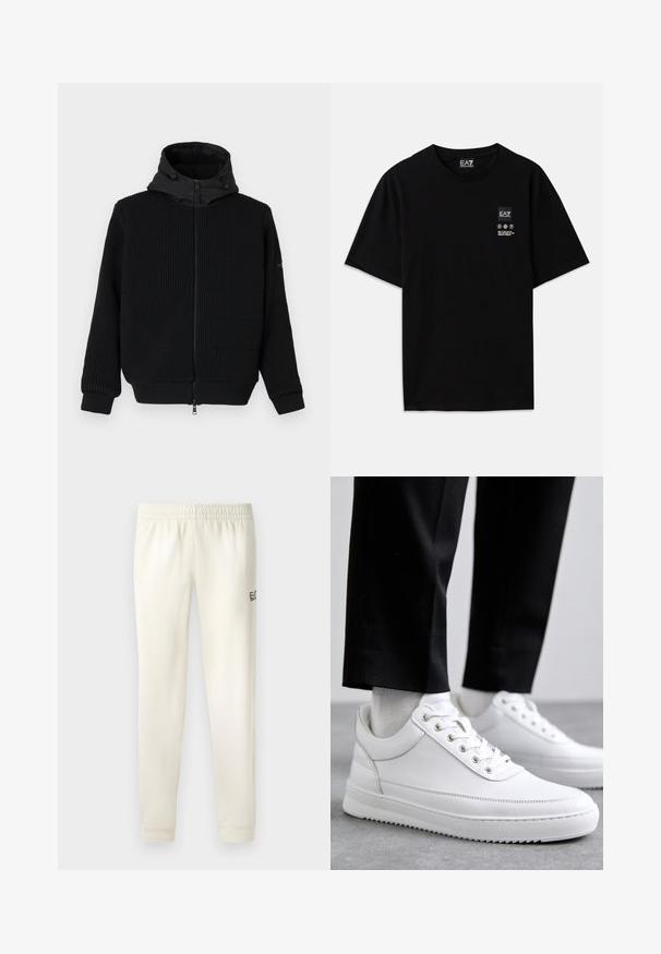 Crna zip-up majica s rebrastom teksturom, glatkom kapuljačom i vezicom. Ima dugačke rukave i elastične manžetne. Zatvarač na prednjoj strani.; Crna pamučna majica s kratkim rukavima, okruglim izrezom i malom oznakom logotipa sprijeda koja sadrži simbole za njegu u bijeloj boji.; Bijele trenirke s elastičnim pojasom, završetkom na gležnjevima i malim crnim logotipom sa lijeve strane. Glatki pamučni materijal.; Bijele kožne tenisice s ravnim gumenenim potplatom, s glatkom završnom obradom, okruglim vrhom i metalnim rupama za vezice. Nosive s crnim hlačama.